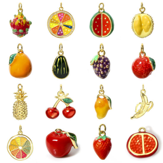 Picture of Brass Charms 18K Real Gold Plated Multicolor Fruit Enamel