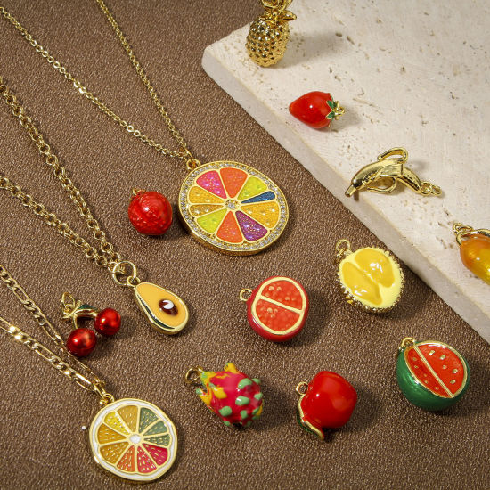 Picture of Brass Charms 18K Real Gold Plated Multicolor Fruit Enamel