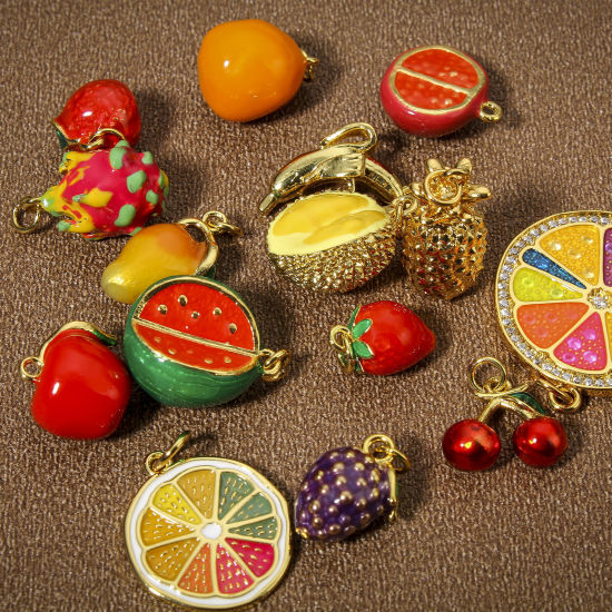 Picture of Brass Charms 18K Real Gold Plated Multicolor Fruit Enamel