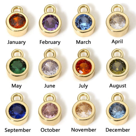2 Unidades Latón piedra del zodíaco Colgantes Charms Ronda 18K Oro Real Chapado Multicolor Circón Artificial 8mm x 5.5mm