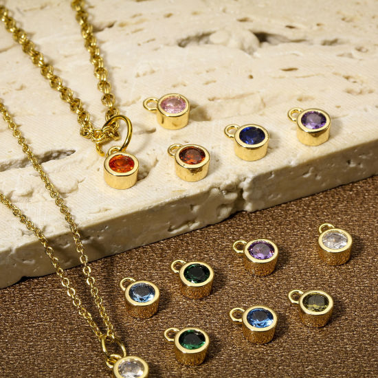 Immagine di 2 Pz Ottone Pietre Nascita Charms Tondo 18K Vero Oro Placcato Multicolore Cubic Zirconiae 8mm x 5.5mm