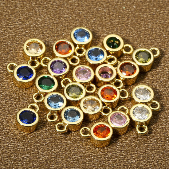 Immagine di 2 Pz Ottone Pietre Nascita Charms Tondo 18K Vero Oro Placcato Multicolore Cubic Zirconiae 8mm x 5.5mm