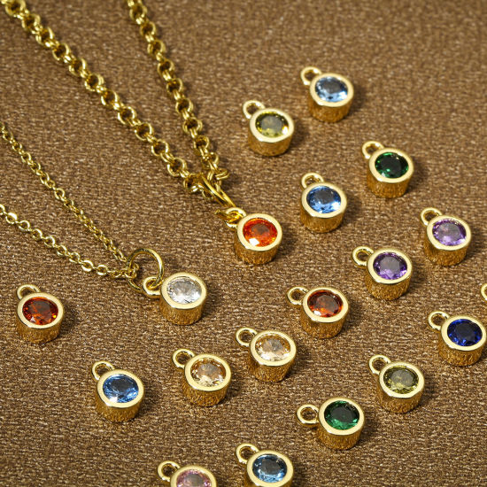 Immagine di 2 Pz Ottone Pietre Nascita Charms Tondo 18K Vero Oro Placcato Multicolore Cubic Zirconiae 8mm x 5.5mm