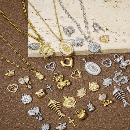 Imagen de 1 Unidad Respetuoso del Medio Ambiente Latón día de San Valentín Colgantes Charms Corazón Oro Real Chapado