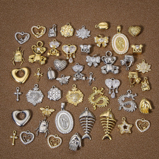 Image de 1 Pièce Breloques Religieux en Laiton Respectueux de la Nature Coeur de Ex-Voto Plaqué Or Véritable Cœur Micro Pave à Zircone Cubique Clair 19mm x 15mm