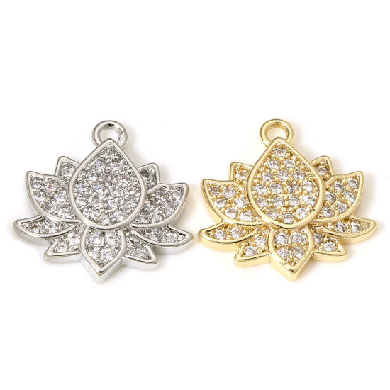 Picture of Eco-friendly Brass Religious Charms Real Gold Plated Lotus Flower Micro Pave Clear Cubic Zirconia 13mm x 13mm