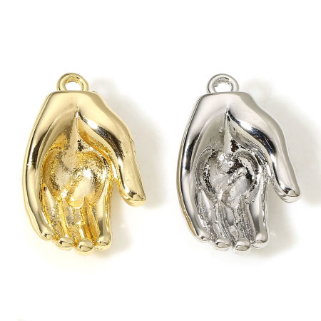 Picture of Eco-friendly Brass Pearl Pendant Connector Bail Pin Cap Real Gold Plated Hand 3D 16.5mm x 10mm