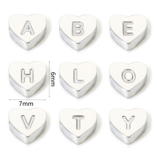 Picture of Eco-friendly 304 Stainless Steel Valentine's Day Beads For DIY Charm Jewelry Making Heart Silver Tone Initial Alphabet/ Capital Letter
