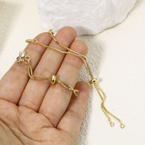 Picture of Eco-friendly Vacuum Plating Brass Simple Semi-finished Adjustable Slider/ Slide Bolo Bracelets For DIY Handmade Jewelry Making Box Chain 18K Gold Plated Clear Rhinestone