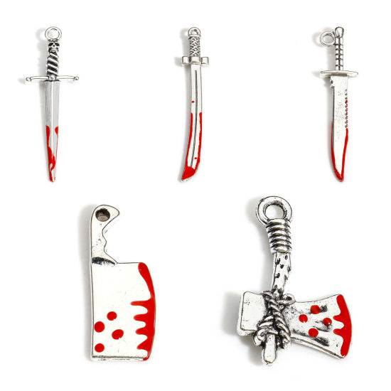 Picture of Zinc Based Alloy Halloween Pendants Antique Silver Color Red Knife Enamel