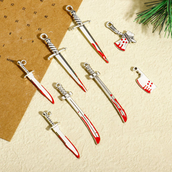 Picture of Zinc Based Alloy Halloween Pendants Antique Silver Color Red Knife Enamel