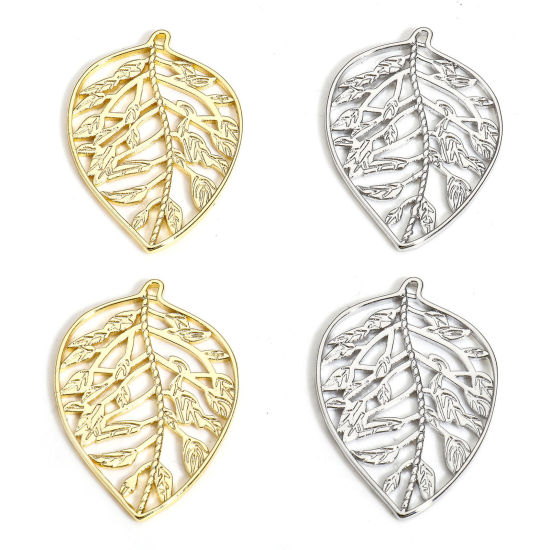 Изображение 2 ШТ Экологичный Латунь Подвески Лист настоящее золото с покрытием ажурная резьба 3.3см x 2.3см