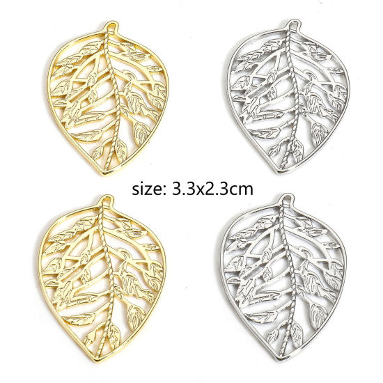 Изображение 2 ШТ Экологичный Латунь Подвески Лист настоящее золото с покрытием ажурная резьба 3.3см x 2.3см
