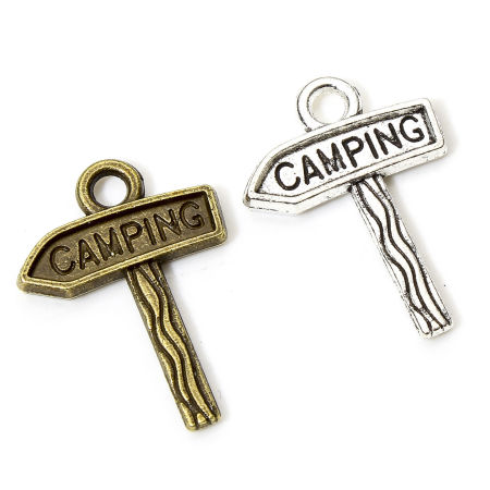 Immagine di 50 Pz Lega di Zinco Charms Multicolore Segno per Strada Lettere " CAMPING " 23mm x 17mm