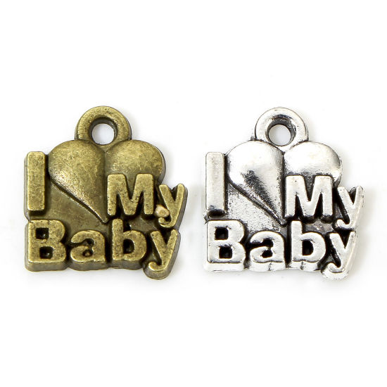 Picture of Zinc Based Alloy Mother's Day Charms Multicolor Heart Message " I love my BABY " 11mm x 10.5mm