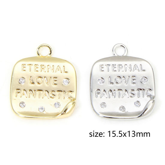 Picture of 2 PCs Eco-friendly Brass Valentine's Day Charms Real Gold Plated Square Initial Alphabet/ Capital Letter Clear Cubic Zirconia 15.5mm x 13mm