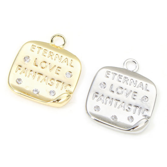 Picture of Eco-friendly Brass Valentine's Day Charms Real Gold Plated Square Initial Alphabet/ Capital Letter Clear Cubic Zirconia 15.5mm x 13mm