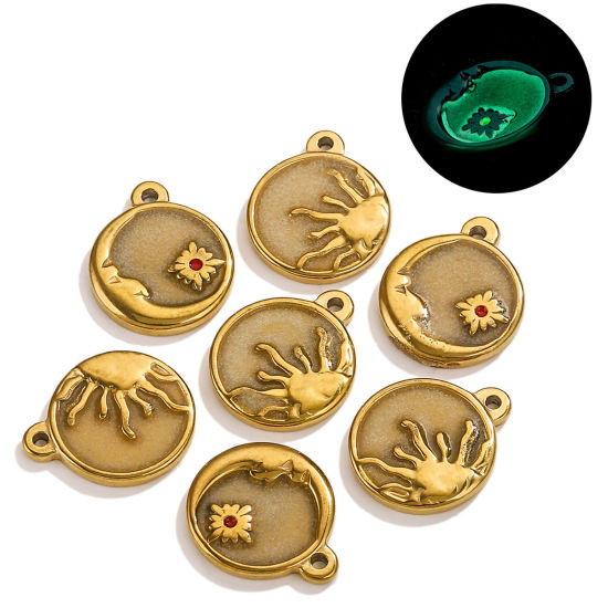 Image de 1 Piece 304 Stainless Steel Charms 18K Gold Color Round Sun Glow In The Dark Luminous 22mm x 18mm