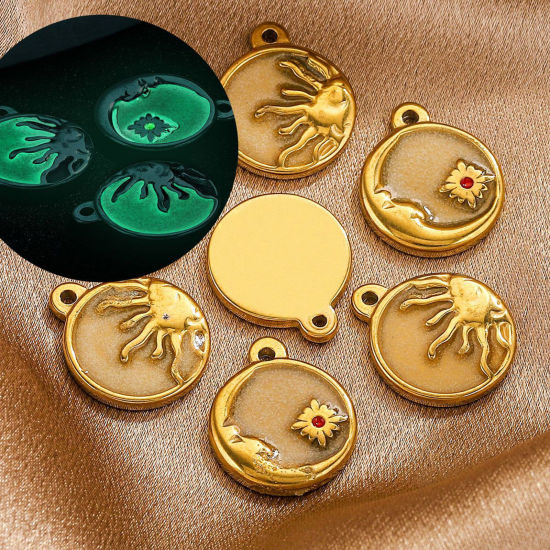 Picture of 304 Stainless Steel Charms 18K Gold Plated Round Sun Glow In The Dark Luminous 22mm x 18mm
