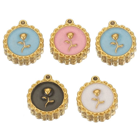 Picture of 304 Stainless Steel Valentine's Day Charms 18K Gold Plated Round Rose Flower Enamel 18mm x 16mm