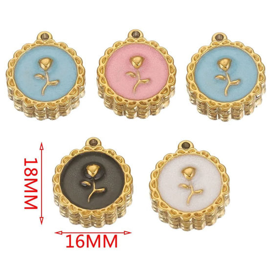 Picture of 304 Stainless Steel Valentine's Day Charms 18K Gold Plated Round Rose Flower Enamel 18mm x 16mm