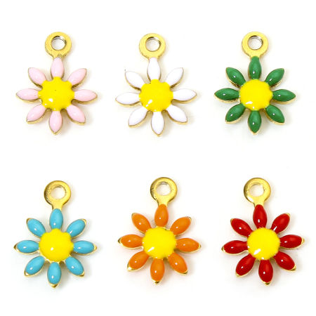 Image de 10 Pcs Breloques en 304 Acier Inoxydable Plaqué Or 18K Multicolore Marguerite Émail Double Face 10mm x 7.5mm
