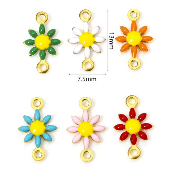 Picture of 304 Stainless Steel Connectors Charms Pendants 18K Gold Plated Daisy Flower Double-sided Enamel 13mm x 7.5mm