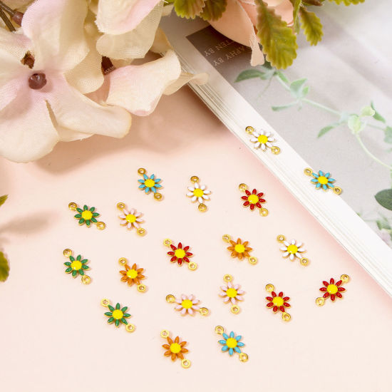 Picture of 304 Stainless Steel Connectors Charms Pendants 18K Gold Plated Daisy Flower Double-sided Enamel 13mm x 7.5mm