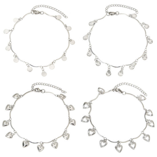 Picture of 304 Stainless Steel Handmade Link Chain Anklet Silver Tone With Lobster Claw Clasp And Extender Chain Heart 22cm(8 5/8") long