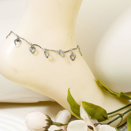 Picture of 304 Stainless Steel Handmade Link Chain Anklet Silver Tone With Lobster Claw Clasp And Extender Chain Heart 22cm(8 5/8") long