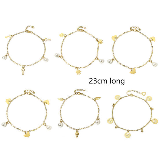 Picture of 304 Stainless Steel Link Cable Chain Anklet Gold Plated With Lobster Claw Clasp And Extender Chain Daisy Flower Key