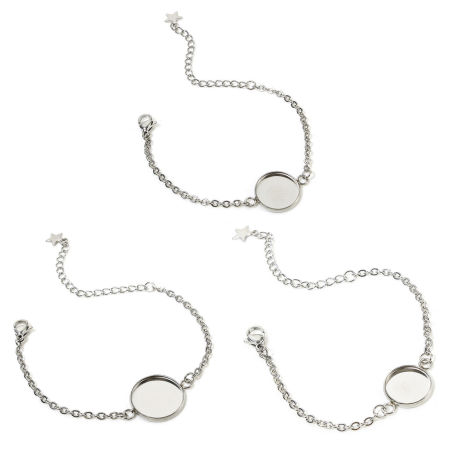 2 Unidades 304 Acero Inoxidable Niños Cable Cadena Cruz Pulseras Ronda Tono de Plata Base Camafeo 14cm longitud