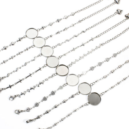 2 Unidades 304 Acero Inoxidable Cadena de Eslabones Hechos a Mano Pulseras Tono de Plata Base Camafeo