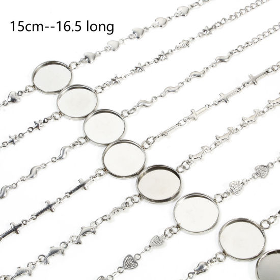 Picture of 2 PCs 304 Stainless Steel Link Cable Chain Bracelets Silver Tone Round Cabochon Settings