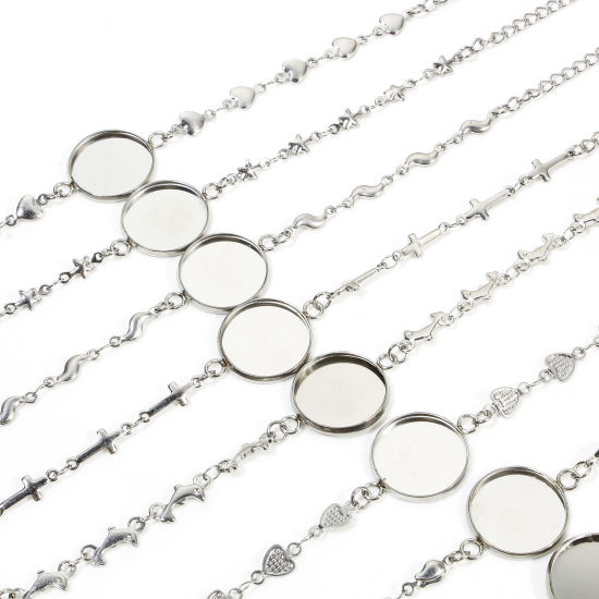 Picture of 2 PCs 304 Stainless Steel Link Cable Chain Bracelets Silver Tone Round Cabochon Settings