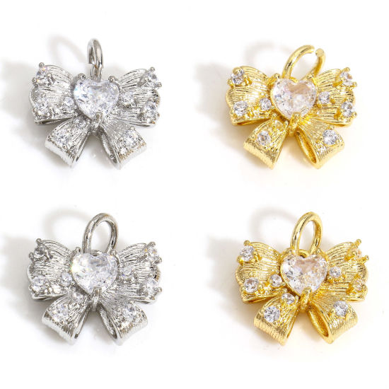 Immagine di 2 Pz Ecologico Ottone Abiti Charms Cravatta a Farfalla Vero Oro Placcato Micro Spianare Trasparente Cubic Zirconiae 13mm x 12mm