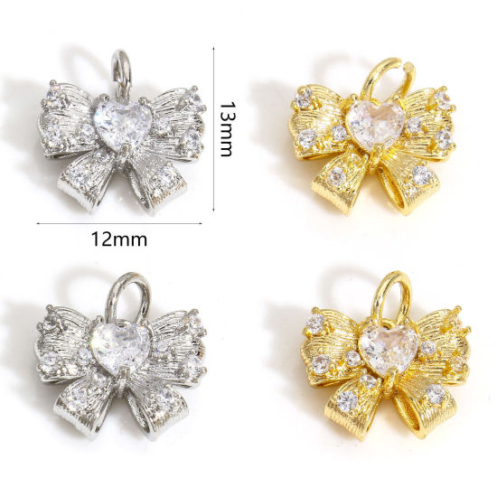 Immagine di 2 Pz Ecologico Ottone Abiti Charms Cravatta a Farfalla Vero Oro Placcato Micro Spianare Trasparente Cubic Zirconiae 13mm x 12mm