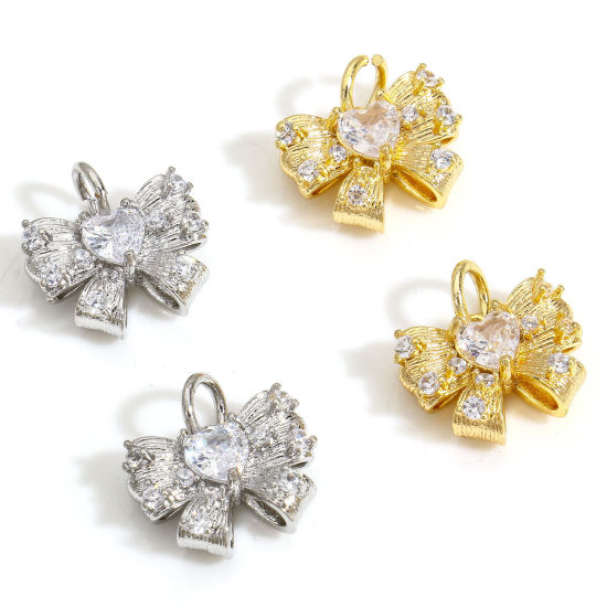 Immagine di 2 Pz Ecologico Ottone Abiti Charms Cravatta a Farfalla Vero Oro Placcato Micro Spianare Trasparente Cubic Zirconiae 13mm x 12mm