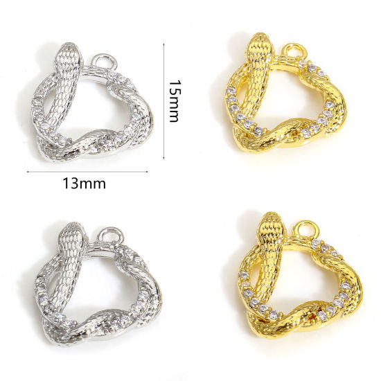 Immagine di 2 Pz Ecologico Ottone Charms Serpente Vero Oro Placcato Micro Spianare Trasparente Cubic Zirconiae 15mm x 13mm