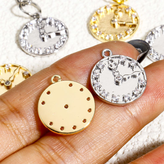 Picture of Eco-friendly Brass Charms 18K Real Gold Plated Clock Micro Pave Clear Cubic Zirconia 17mm x 15mm