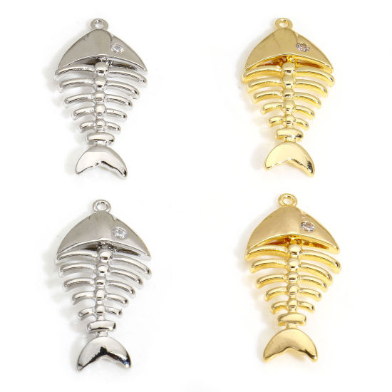 Image de 2 Pcs Breloques Bijoux d'Océan en Laiton Respectueux de la Nature Os de Poisson Plaqué Or Véritable à Zircone Cubique Clair 28mm x 13mm