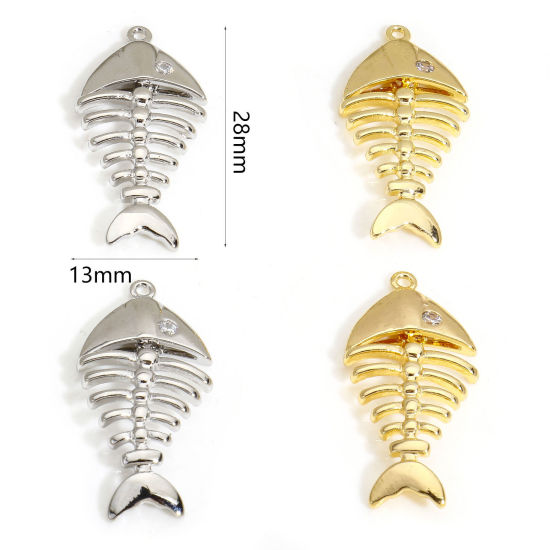 Image de 2 Pcs Breloques Bijoux d'Océan en Laiton Respectueux de la Nature Os de Poisson Plaqué Or Véritable à Zircone Cubique Clair 28mm x 13mm