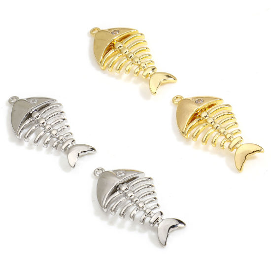 Image de 2 Pcs Breloques Bijoux d'Océan en Laiton Respectueux de la Nature Os de Poisson Plaqué Or Véritable à Zircone Cubique Clair 28mm x 13mm