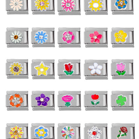 Picture of Zinc Based Alloy & Stainless Steel Italian Charm Links For DIY Bracelet Jewelry Making Silver Tone Rectangle Flower Enamel 10mm x 9mm