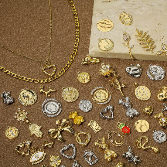 Imagen de 2 Unidades Respetuoso del Medio Ambiente Latón día de San Valentín Colgantes Charms Corazón Oro Real Chapado Claro Circón Artificial