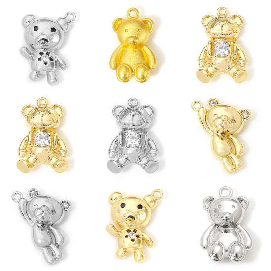 Picture of Eco-friendly Brass Charms Real Gold Plated Bear Animal Clear Cubic Zirconia