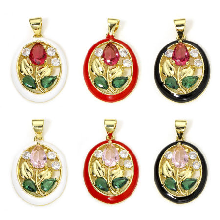 1 Unidad Respetuoso del Medio Ambiente Latón & Vidrio Colgantes Charms Óvalo 18K Oro Real Chapado Multicolor Flor de Tulipán Esmalte Multicolor Rhinestone 26mm x 16mm
