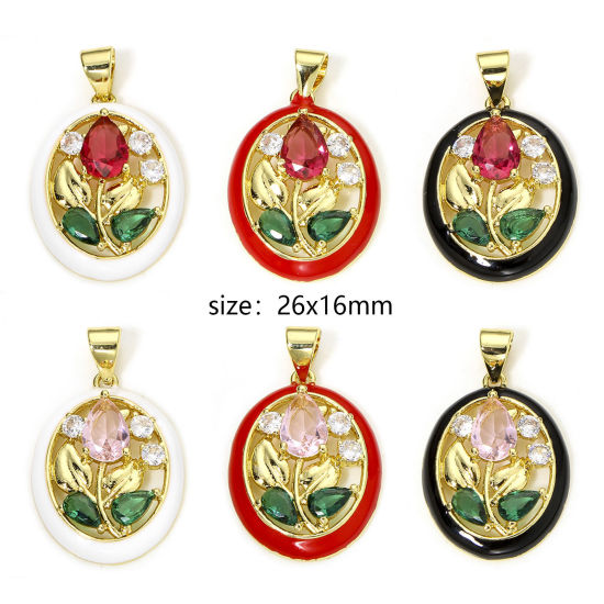 Image de 1 Pièce Breloques en Laiton & Verre Respectueux de la Nature Ovale Plaqué Or Véritable 18K Multicolore Tulipe Émail à Strass Coloré 26mm x 16mm