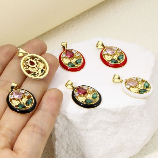 Image de 1 Pièce Breloques en Laiton & Verre Respectueux de la Nature Ovale Plaqué Or Véritable 18K Multicolore Tulipe Émail à Strass Coloré 26mm x 16mm