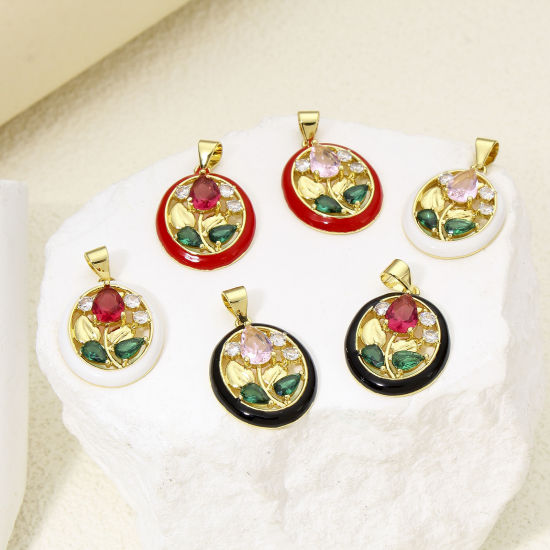 Image de 1 Pièce Breloques en Laiton & Verre Respectueux de la Nature Ovale Plaqué Or Véritable 18K Multicolore Tulipe Émail à Strass Coloré 26mm x 16mm